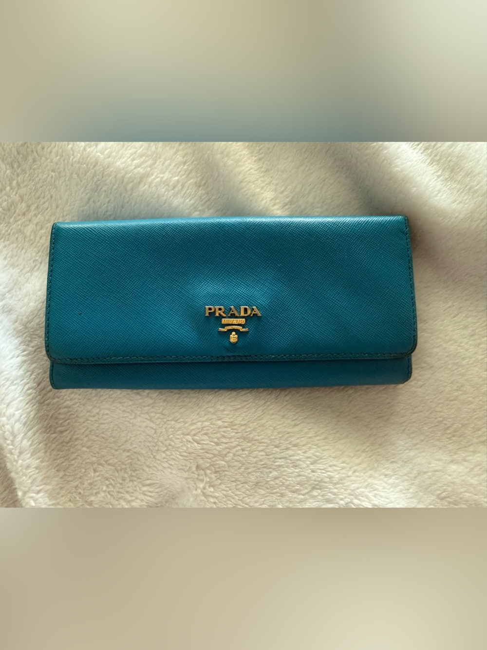 Prada Teal Saffiano Leather Long Continental Wallet with Gold Logo